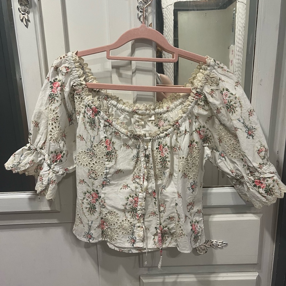 LoveShackFancy Cream Puff Sleeve Blouse with Smocked Tie Front